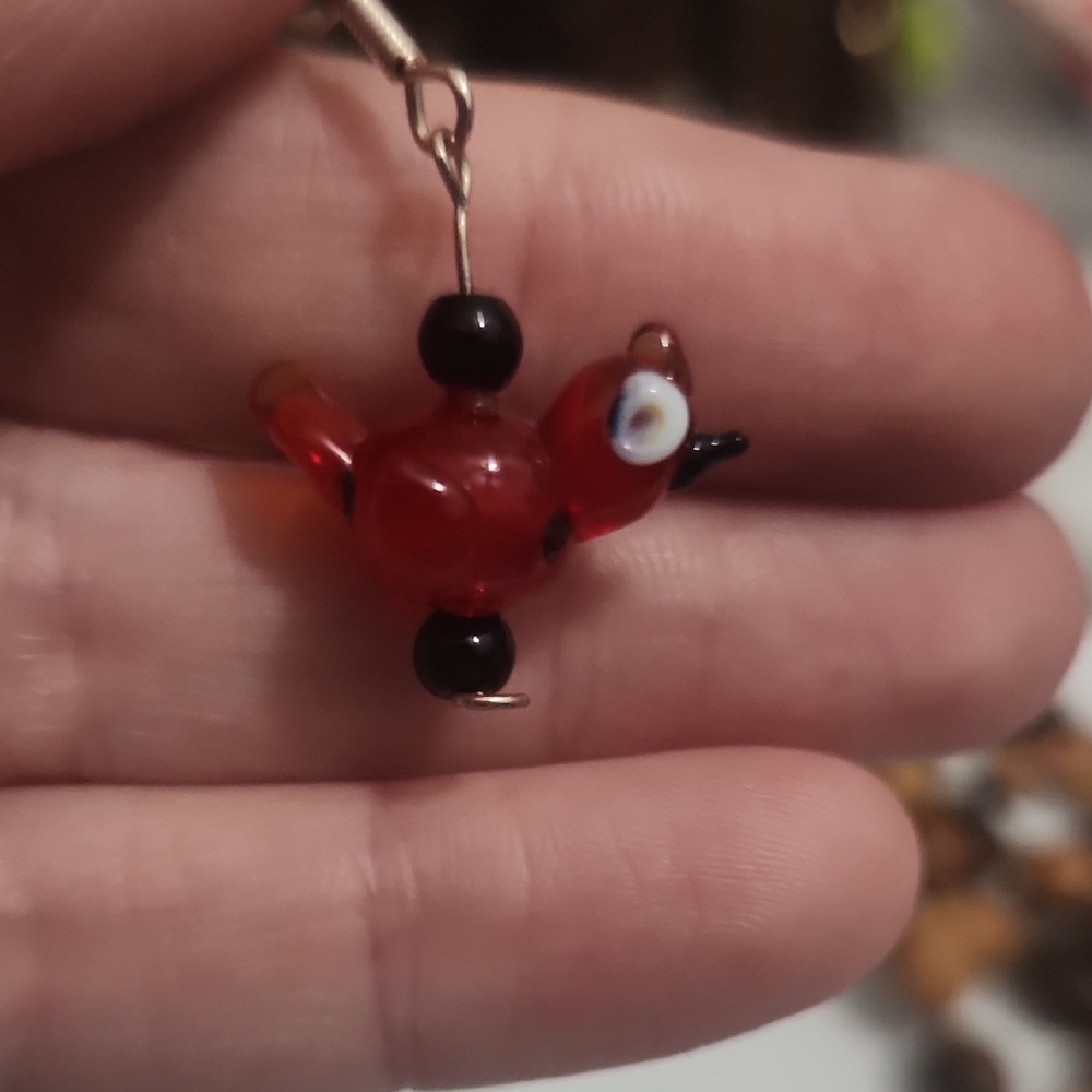 Glass Bird Earrings And Owl Cloisonne Pendant